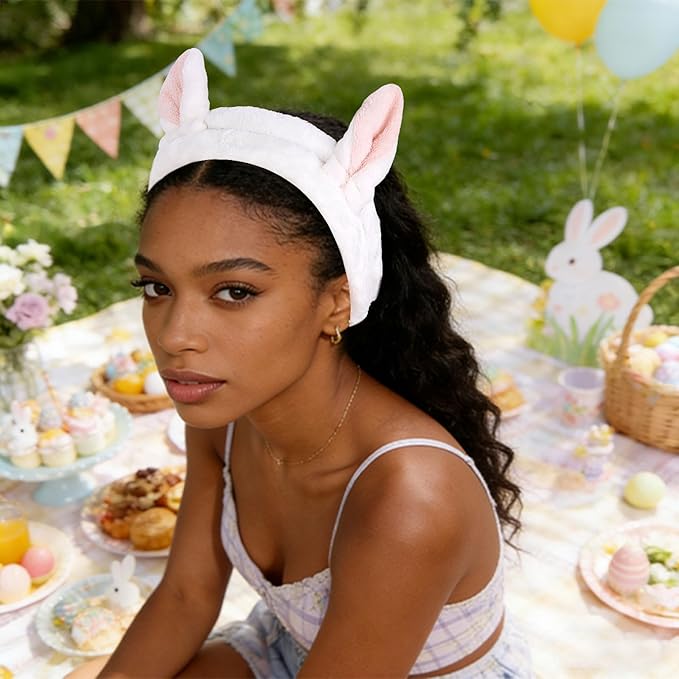 YISSION Cute Bunny Ear Spa Headband and Wristband Set for Women and Girls - Soft Plush Makeup Headband with Wrist Towels for Face Washing, Skincare, Shower, Easter Party Favors (White)
