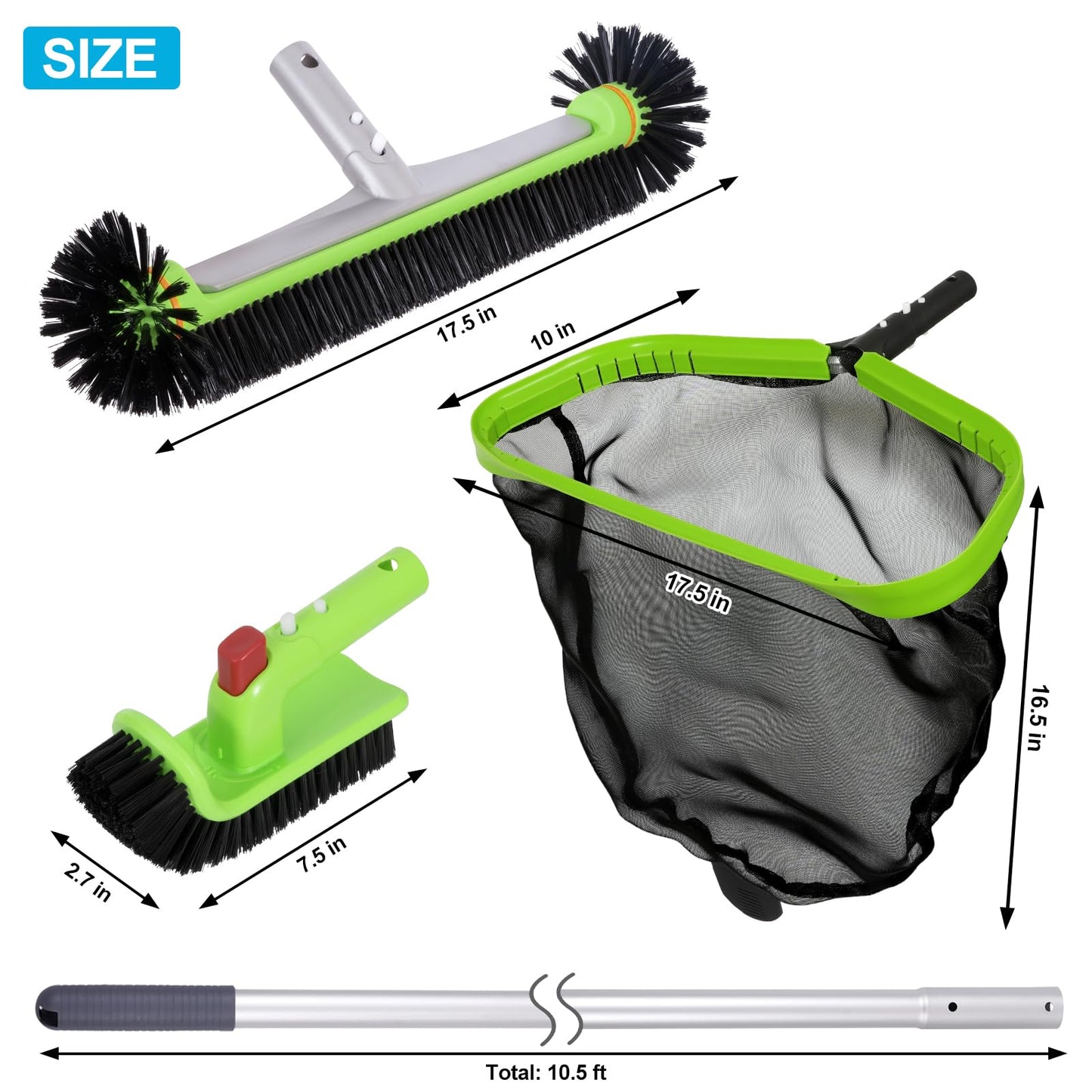 Sepetrel Deluxe Swimming Pool Cleaning Kit Including Professional Leaf Skimmer Net, 17.5" Pool Brush Head,Scrub Brush and 10.5 FT Pole