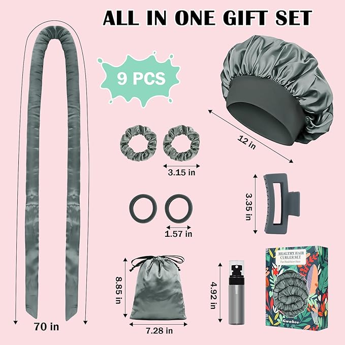 Gwabee Satin Heatless Curls Overnight Hair Curlers to Sleep In Hair Curler Rollers No Heat Hair Wrap for Curls Headband, 70" Satin Heatless Curling Rod Set for Women Long Waves Hair Volume -Grey 9 PCS