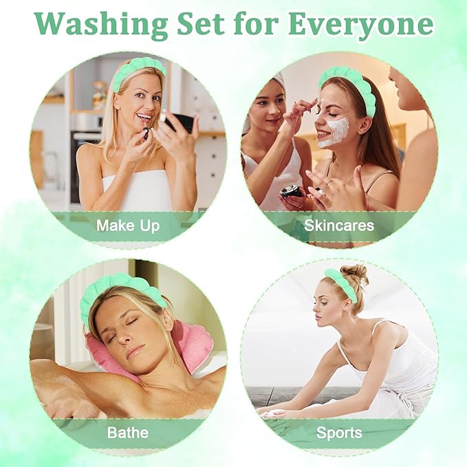 Women's Spa Headband for Washing Face, Makeup Removal, and Shower - Terry Cloth Puffy Sponge Headband with Hair Accessories (Green)