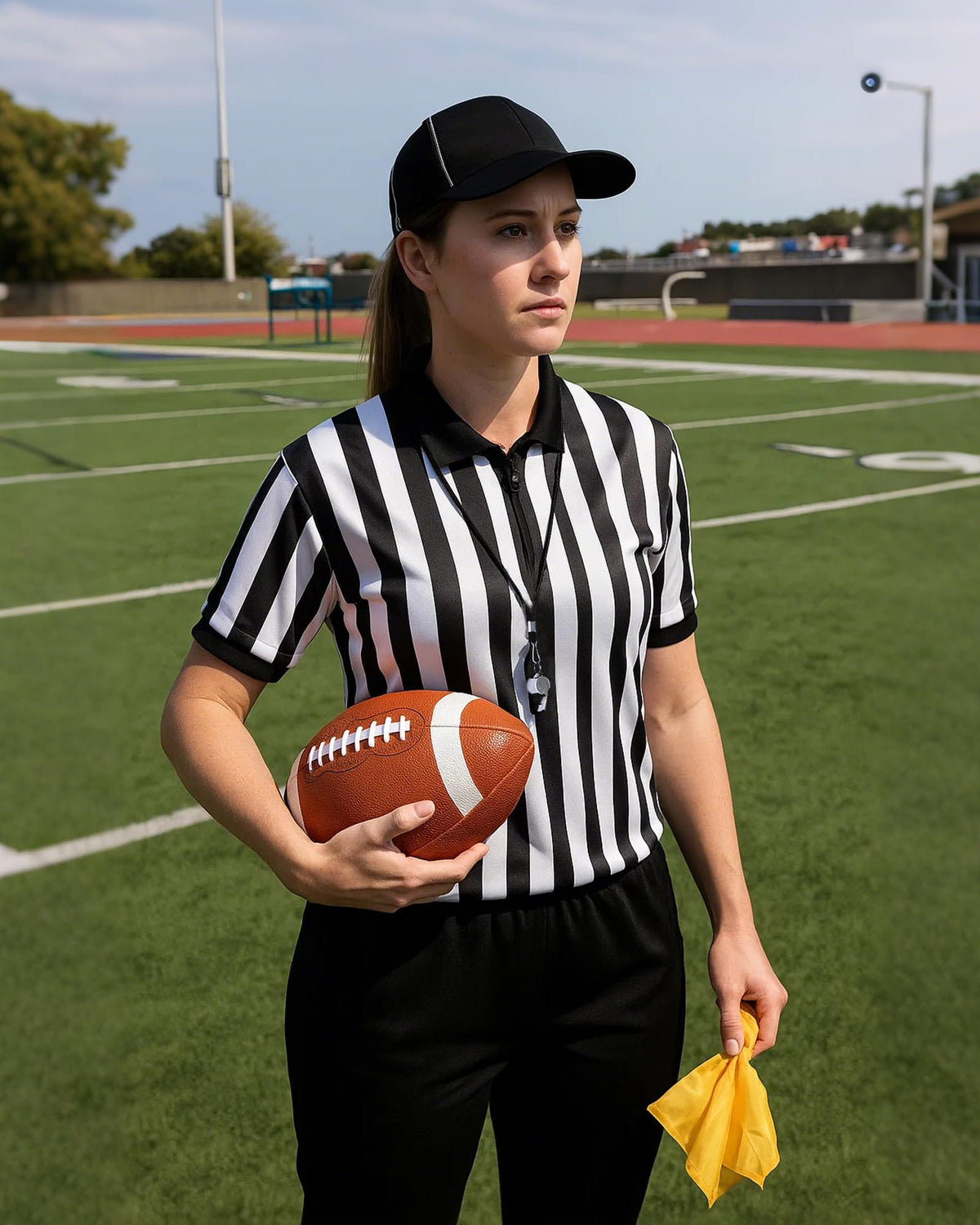 Vivrerizo Referee Shirt Costume Set - 4 Pcs Black and White Striped Ref Jersey Yellow Penalty Flag and Whistle for Halloween Umpire Football Soccer Costume Cosplay