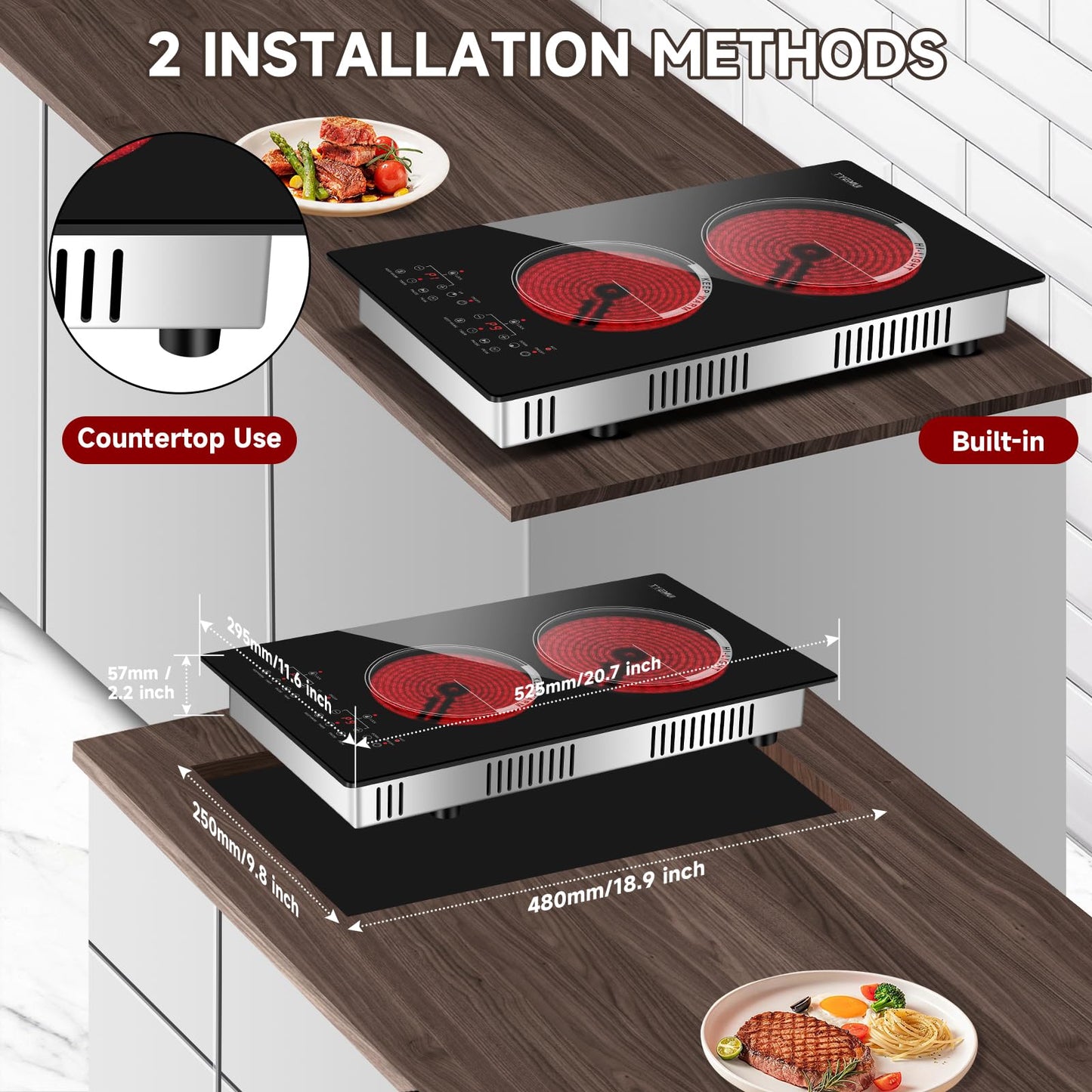 TYEMUI Double Burner Electric Cooktop Plug in 2000W, 110V~120V Countertop Stove, Electric Stove 2 Burner for Cooking, 110 volt Kitchen Stove 12inch Built-in Countertop with Timer, Peak, Pause