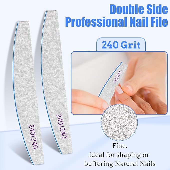 BLESWIN Nail Files 240/240 Grit, 50 Pcs Professional Double Sided Emery Board, Reusable Washable Coarse Tool for Acrylic & Gel Nails, Home Salon Application