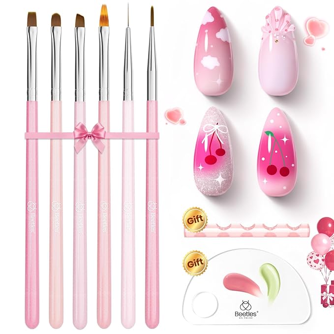 Beetles Nail Art Brushes, 6 Pcs Fingernail Art Design Pens, Pink Handle French Tip Ombre Clean Up Nail Brush Set for Gel Polish with Palette DIY Manicure Tools Gift for Women