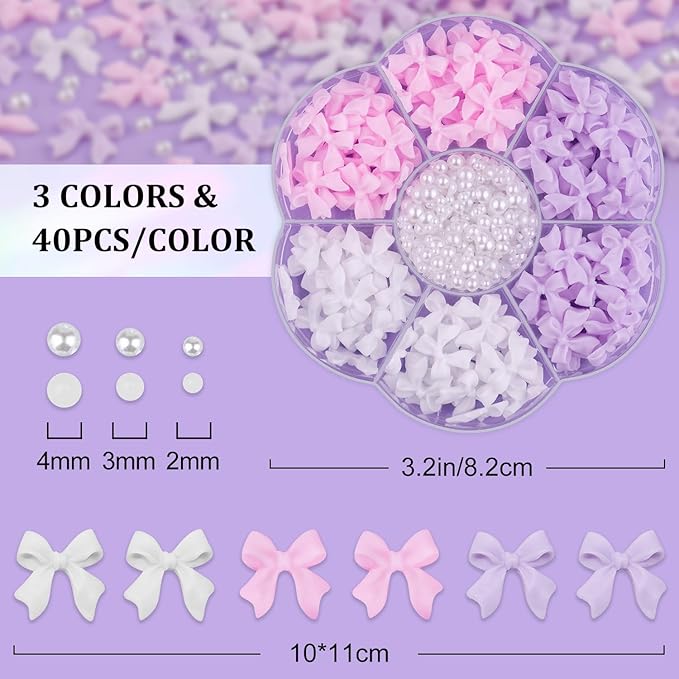 120 Pcs 3D Nail Bow Charms + 2-4mm Nail Pearls Set 3, Pink White Lilac Bow Nail Charms and White Flatback Pearls with Nail Charm Glue Gel(UV Needed) and Pickup Tools for Nail Art Decoration