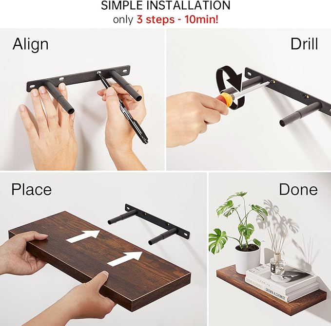 BAYKA Bathroom Floating Shelves for Wall Set of 3 - Rustic Brown Farmhouse Wood Shelves Over Toilet for Bedroom, Kitchen, or Living Room Decor Display, Storage for Plants, Toilet Paper or Bath Towels