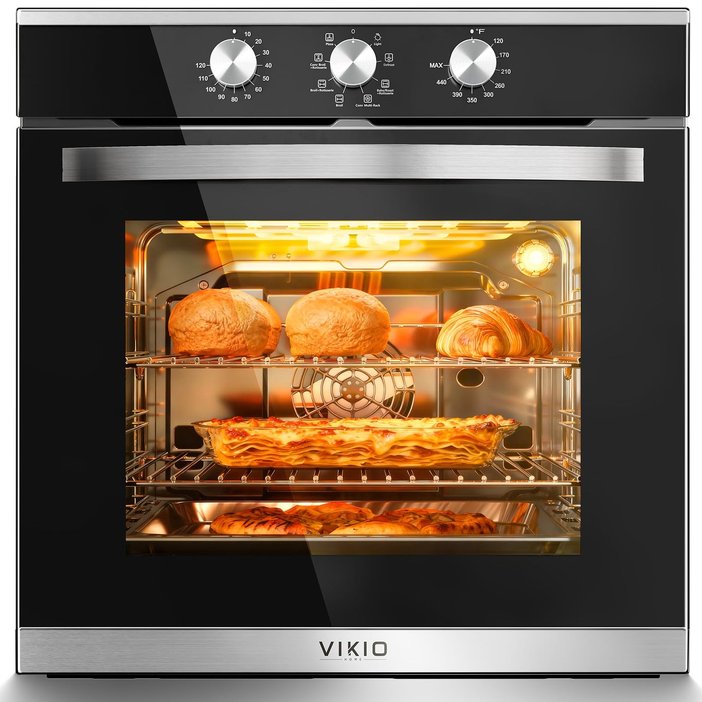 VIKIO HOME Single Wall Oven 24", 2.83 Cu.Ft-80L with 8 Functions Built-in Electric Ovens, 240V, 3220W Fast Preheat, Mechanical Knob Control for Easy Cooking