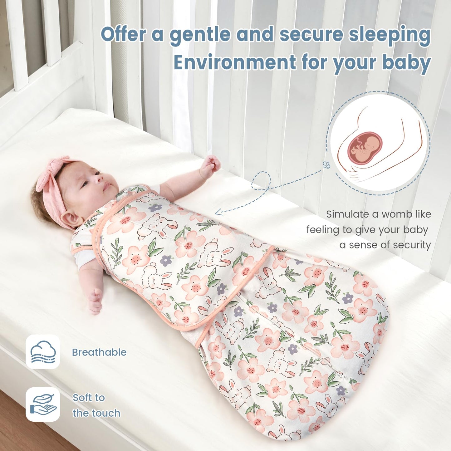 ZIGJOY Baby Swaddle Sleep Sack, 1.0 TOG Sleep Sack Swaddles for Newborns & infant 0-6 Months 100% Cotton Baby Wearable Blanket for Newborn Registry Essentials Green&Rabbit Flower