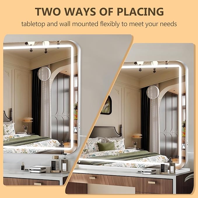 40" x 30" Vanity Mirror with Lights, Led Makeup Mirror, Lighted Makeup Mirror with 3 Color Dimmable Lights, Smart Touch Screen Control, Aluminum Metal Frame,USB Charging Port