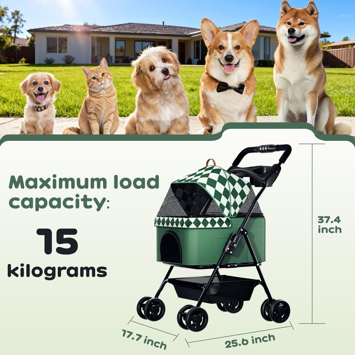 PUPIHOM Foldable pet Stroller for Cats with Detachable Weather Cover, 4 Wheels Pet Strolling Cart for Dogs and Cats with Storage Basket and Cup Holder（Green）