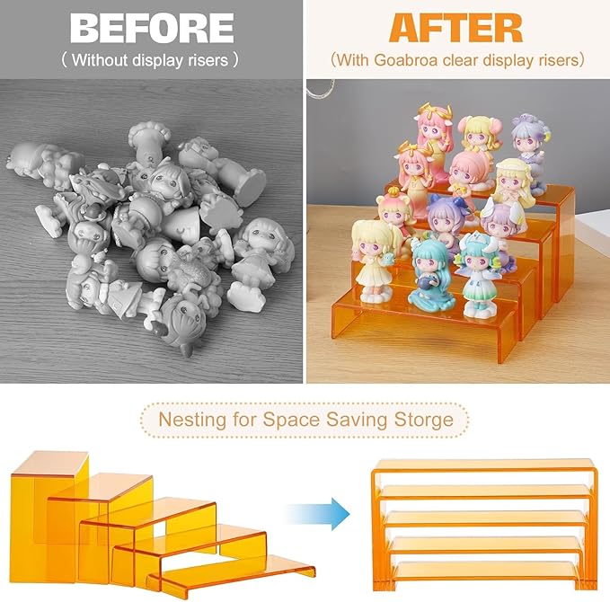 Goabroa Display Risers, 2 Sets 5 Tier Rectangular Risers Display Stands, Display Shelves for Figures, Cupcake, Perfume Display, Transparent Orange