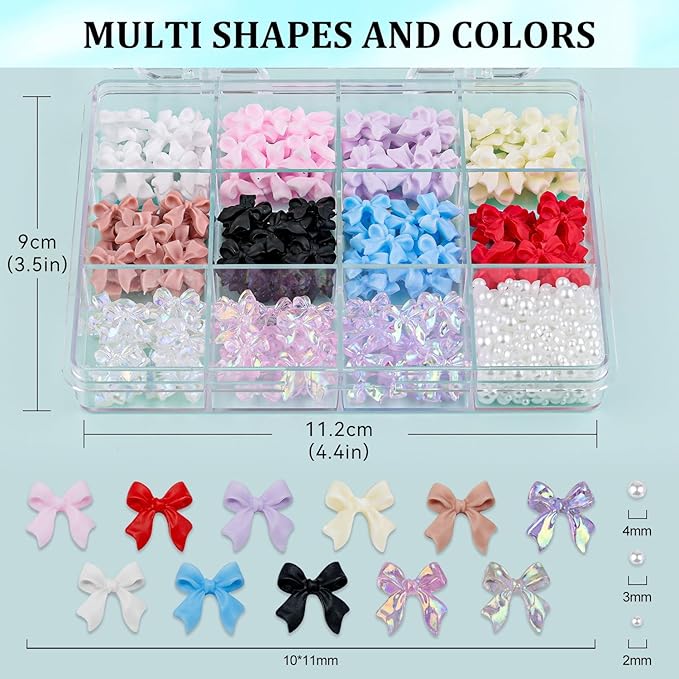 600 Pcs Bow Nail Charms and Flatback Pearls Set 2, 11 Colors Shiny Cute Bow Charms Nail Jewels and 2-4mm White Nail Pearls for Nail Art DIY Decoration with Pickup Tools