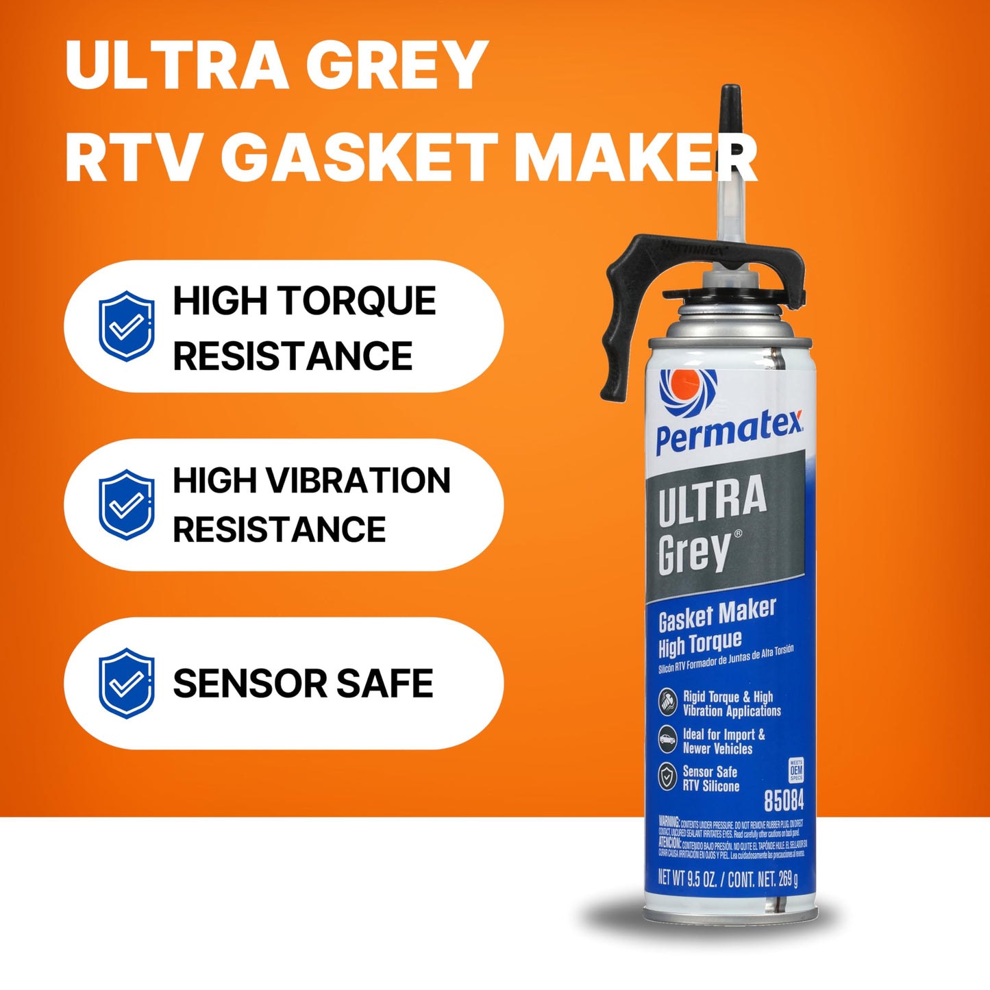 Permatex 85084 Ultra Grey Rigid High-Torque RTV Silicone Gasket Maker, 9.5 oz. PowerBead Can