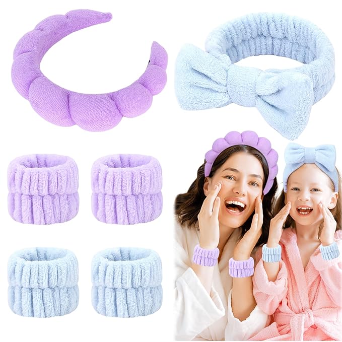 6 Pcs Terry Cloth Headbands and Wristbands - Sponge Makeup Removal, Skincare, Shower