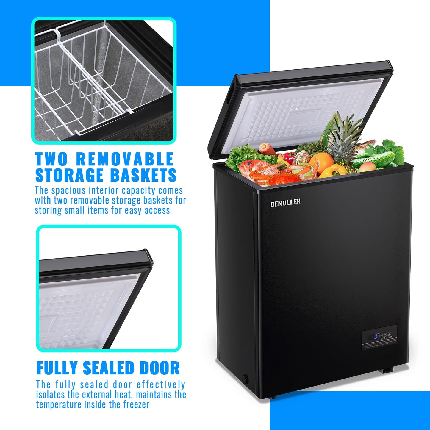 Mini Chest Freezer Compact Deep Freezing Machine with Electronic Temperature Control (Accurate to 1 ℉) Freestanding Small Freezer with 2 Removable Storage Baskets Black