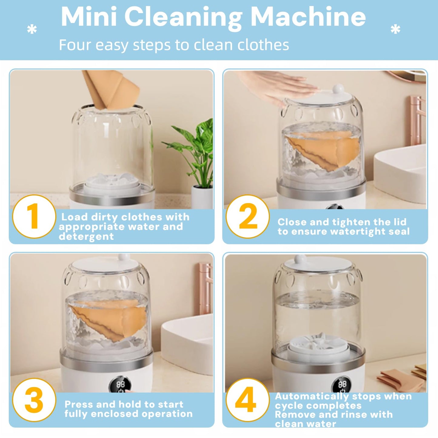 Ftruixang Portable Mini Washing Machine, White, 2L Capacity, Digital Touch Control, Compact Design for Underwear and Delicates, USB Rechargeable