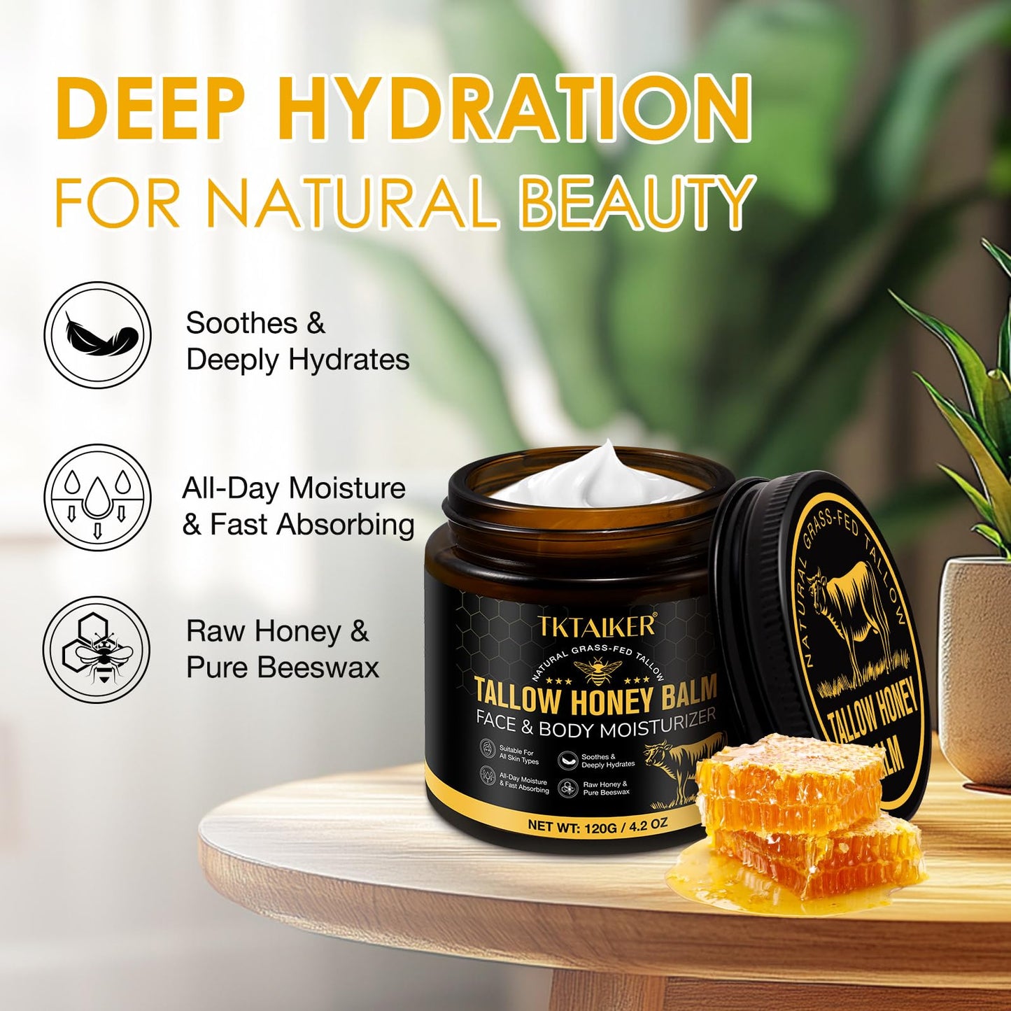 Beef Tallow for Skin, Beef Tallow for Face, Hydrating Tallow Balm with Raw Honey and Beeswax, Grass-Fed Beef Tallow & Raw Wild Honey Blend, Body & Face Moisturizer, Natural Formula, Light Scent