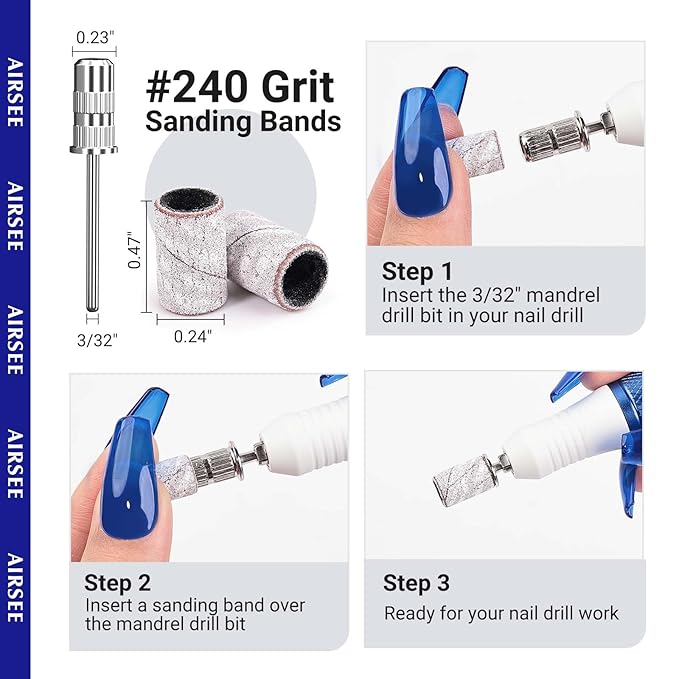 AIRSEE Sanding Bands for Electric Nail Drill 100 Piece Set 240 Grit Fine Acrylic File Attachments Professional 1 Sander Mandrel Bit Beauty Salon Accessories Manicure and Pedicure Finger Callus Zebra