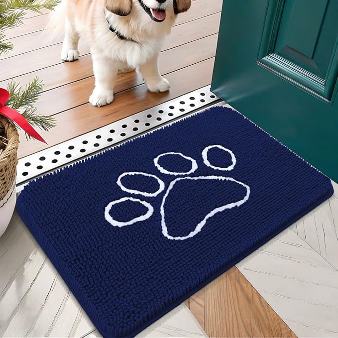 OLANLY Dog Door Mat for Muddy Paws 24x16, Paw Print Design, Absorbs Moisture and Dirt, Absorbent Non-Slip Washable Doormat, Quick Dry Chenille Mud Mat for Dogs, Entry Indoor Entryway Carpet, Navy Blue