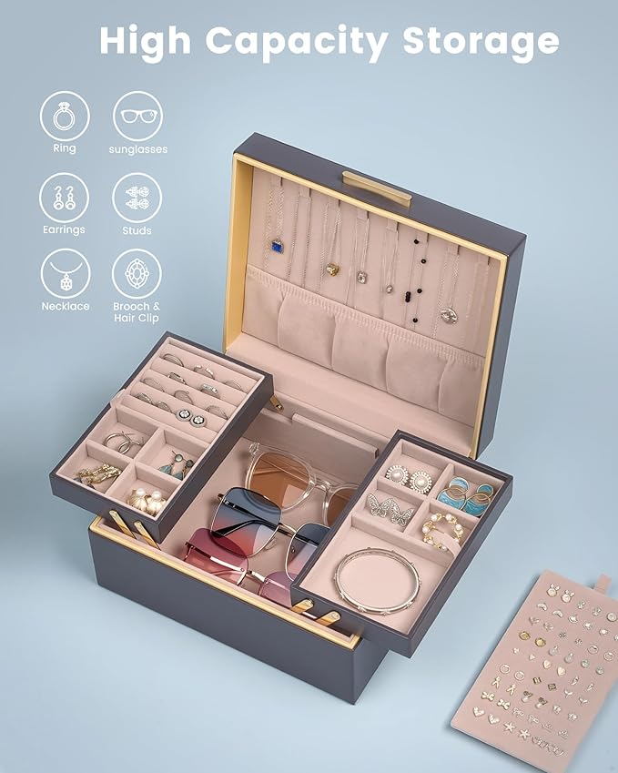 Lolalet Jewelry Box Organizer for Women Girls, 2 Layer Jewelry Organizers and Storage for Necklace Earrings Rings Bracelets, Large Jewellery Holder Case Birthday Valentine Gifts -Charcoal gray
