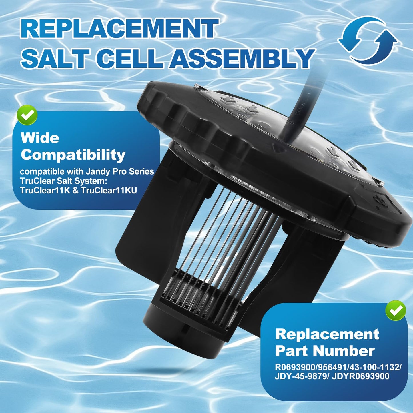 Salt Cell Replacement R0693900 Compatible with Jandy Pro Series TruClear11K & TruClear11KU, Salt Cell Assembly for Pools Up to 35,000 Gallons, Leak-Free Seal