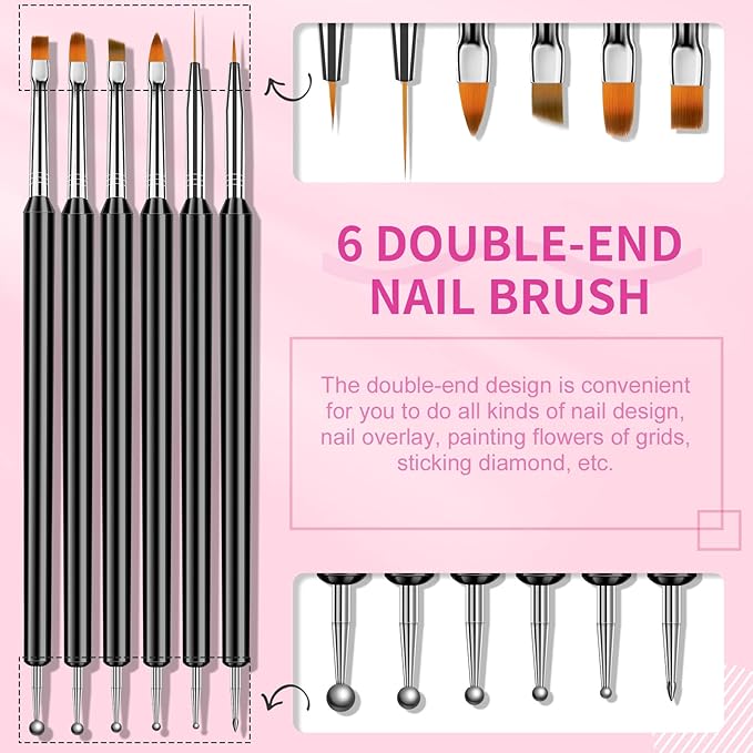 SAVILAND Nail Art Brushes Set - 6pcs Double-End Nail Art Tools Professional Nail Art Kit Dotting Tools Line Pen Painting Brushes for Gel Polish Nail Design French Manicure