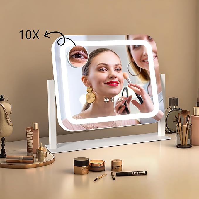 Vanity Mirror with Lights 14"×12", Led Makeup Mirror, Lighted Makeup Mirror with 3 Color Dimmable Lights, Smart Touch Screen Control, 360°Rotation