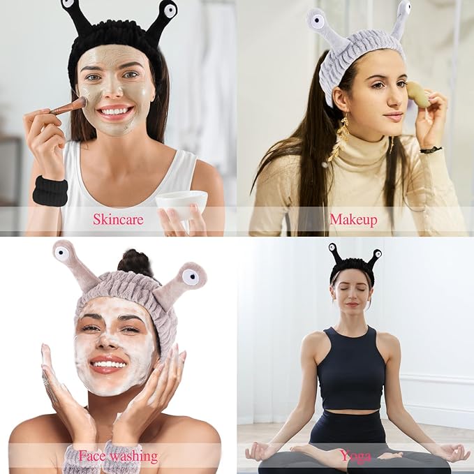 Snail Spa Headband and Wristband Set Skincare Makeup Headband for Washing Face Cute Animal Spa Head Band for Women Girls Black Khaki Grey