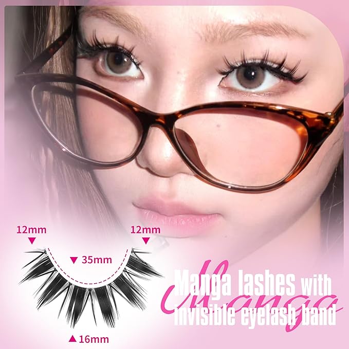 Manga Lashes Strip Eyelashes Natural Anime Fake Eyelashes Wispy Doll Eye Lashes 9 Pairs Spiky Cosplay Dark False Eyelashes with Clear Bands Manhua Lashes