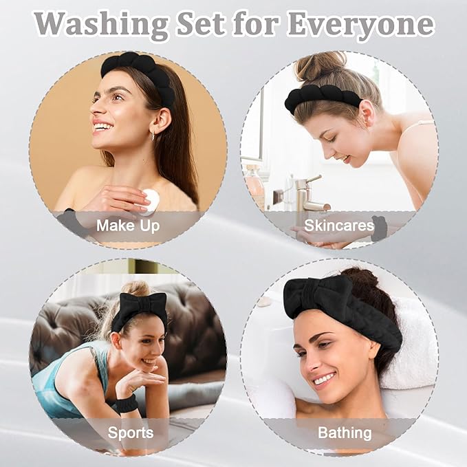 6 Pcs Puffy Terry Cloth Spa Headband and Wristbands for Face Skincare, Makeup Removal, Yoga, Shower, Spa Party, One Size, Unisex-Adults