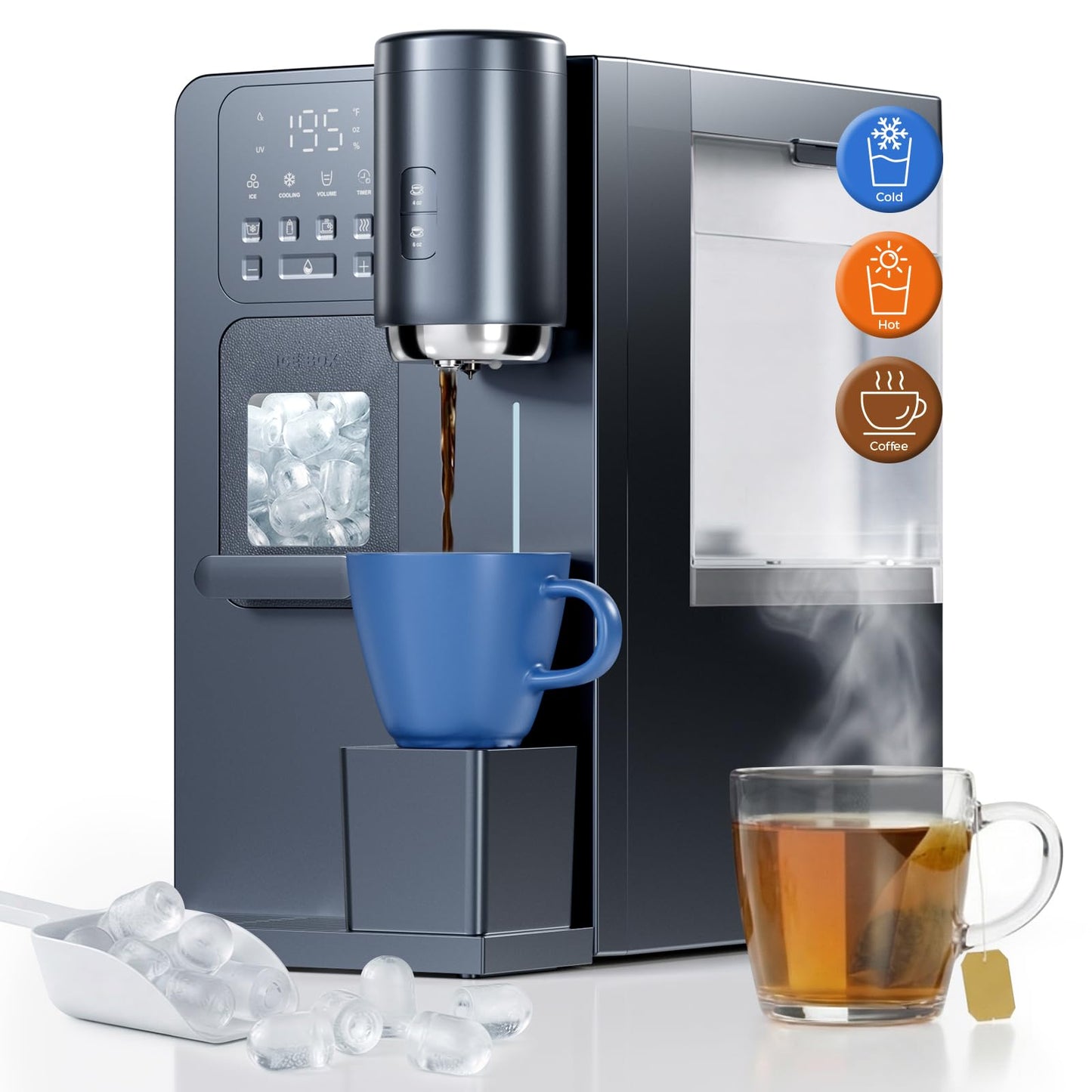 3-in-1 Water Dispenser with Ice Maker - Coffee Maker Countertop Bullet Ice Maker 16.6 lbs/24H with Timer, Hot/Cold/Warm Adjustable Volume Water, K-Cup® Ground Coffee Brewer for Home Office Gift