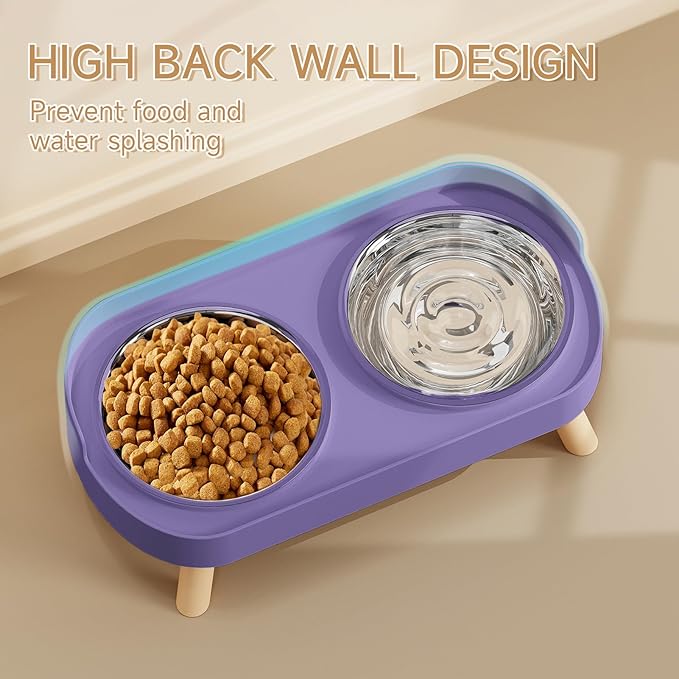 Elevated Cat Bowl, Raised Cat Food and Water Bowl Set for Indoor Cats, Splash Proof with 3 Stainless Steel Pet Food Bowls for Cats and Puppies, Whisker Fatigue and Dishwasher Safe - Purple