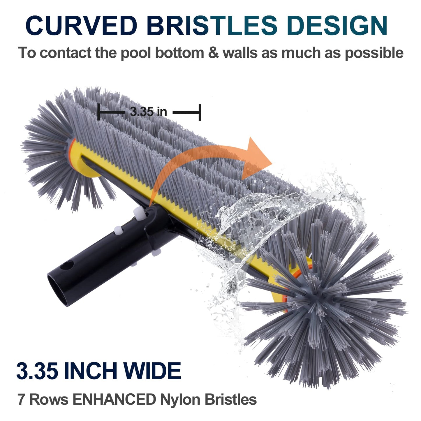 POOLAZA Pool Brush Head with Round Ends, Heavy Duty Pool Brushes for Cleaning Pool Walls, Floors Steps & Corners, 17.5" Pool Brush with Sturdy Aluminum Handle & Durable Nylon Bristles (Yellow)