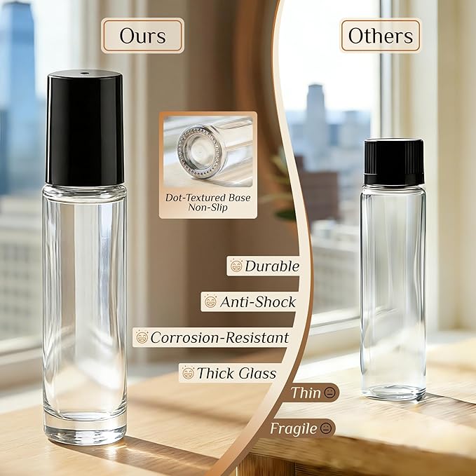 PrettyCare 24 Pack, 10 ml Essential Oil Roller Bottles with Stainless Steel Roller Ball - Refillable Leak-proof Empty Thick Clear Glass Roll on Bottles with Black Caps for Travel, Perfume