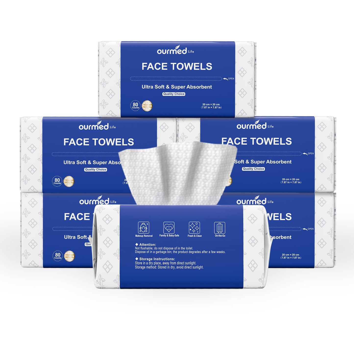 Ourmed Life Face Towels, Disposable Biodegradable Clean Facial Towels for Sensitive Skin, Lint- free Face Cloths for Makeup Remover, Skincare and Women Cleaning, Dry Wipes,480 Count Dot Texture