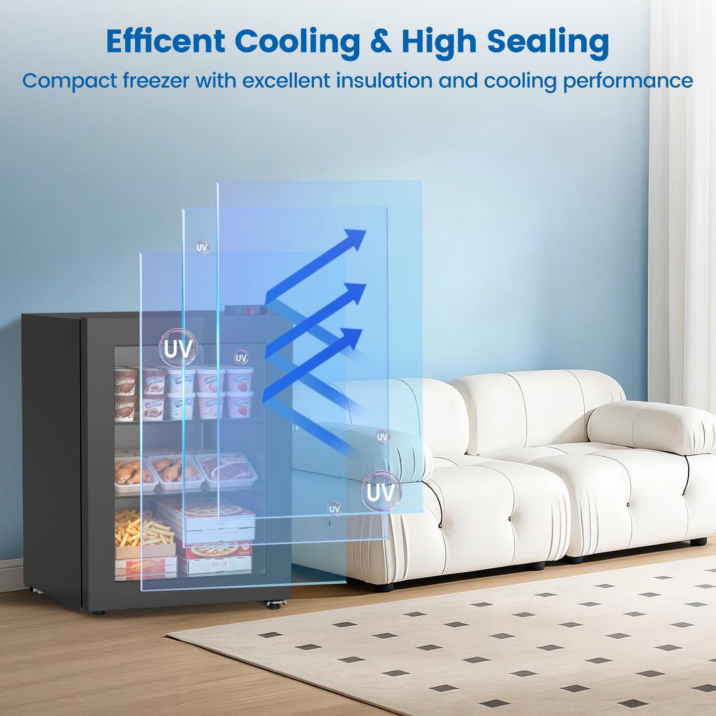 Kndko 2.4 Cu Ft Mini Freezer with Display Glass Door, 7 Adjustable Temperature Settings -10°F to -18°F, Upright Small Freezer With Removable Shelves Perfect for Ice Cream