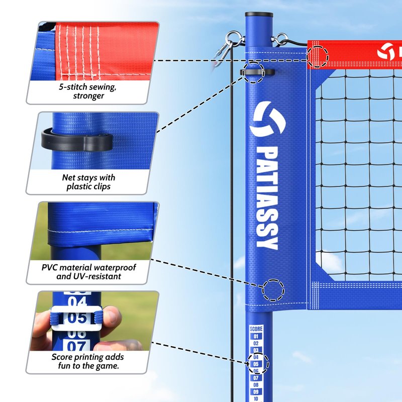 Professional Heavy Duty Volleyball Net Set for Backyard & Beach, Outdoor Net System with Steel Anti-Sag Winch, 32FT Reinforced Net, Height Adjustable Rust-Resistant Aluminum Poles, Portable Carry Bag