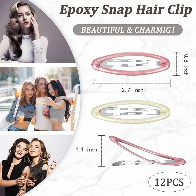 Waydress 12 Pcs Hair Clip Barrettes for Women Oval Snap Tortoise Metal Snap Clips Thin Hair Grips Ellipse Clips Non Slip Barrettes Accessories, 2.8 In(Vivid Style)