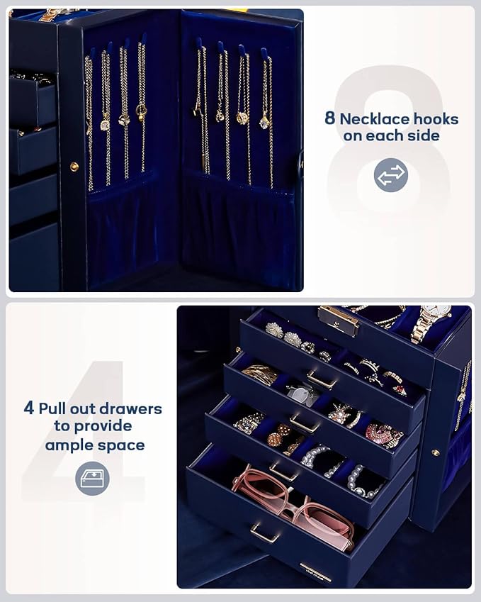 Homde Synthetic Leather Huge Jewelry Box Mirrored Watch Organizer Necklace Ring Earring Storage Lockable Gift Case (Dark Blue + Gold)