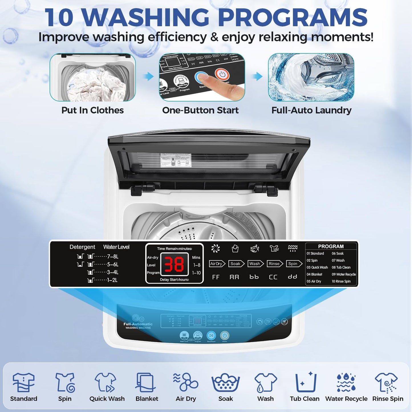 Nictemaw Portable Washing Machine, 20Lbs Capacity Full-Automatic Portable Washer, 2.8Cu.ft Washer and Dryer Combo with Drain Pump, LED Display, 10 Programs & 8 Water Levels, Slow-Close Glass Lid