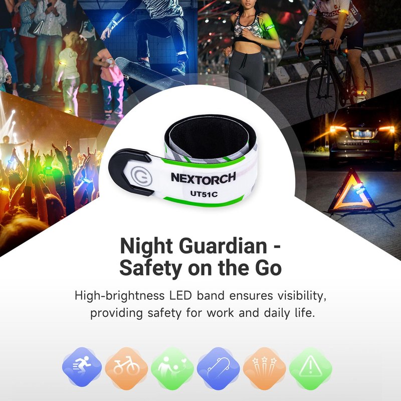 NEXTORCH LED Slap Armband Lights Rechargeable Night Safety Running Wristband Lights, Reflective Straps LED Blue Orange Green Flasing Glow Bracelet for Runners Bicycling Night Pet Walking (1 Pack)