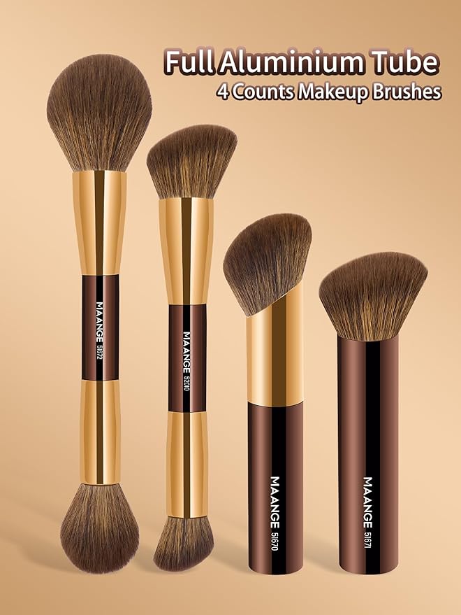 MAANGE 4 PCS Foundation Makeup Brush Set Double-ended Kabuki Brush Contour Brush for Liquid Powder Concealer Cream Cosmetics Blending Blush Face Makeup Tools Kit (Coffee Gold)