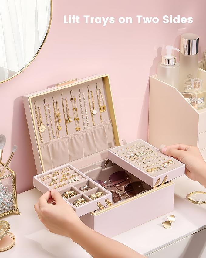 Lolalet Jewelry Box Organizer for Women Girls, 2 Layer Jewelry Organizers and Storage for Necklace Earrings Rings Bracelets, Large Jewellery Holder Case Birthday Valentine Gifts -Pink
