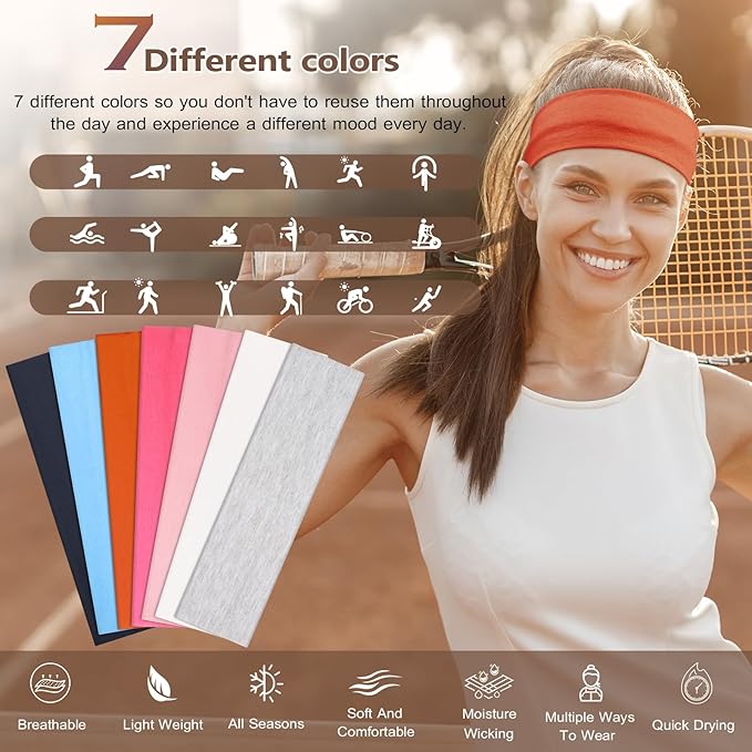 DiyJibb Headbands for Women, Stretchy Non Slip Soft Cotton Cloth Hair Bands for Sports, Workout, Yoga and Running, 7pcs
