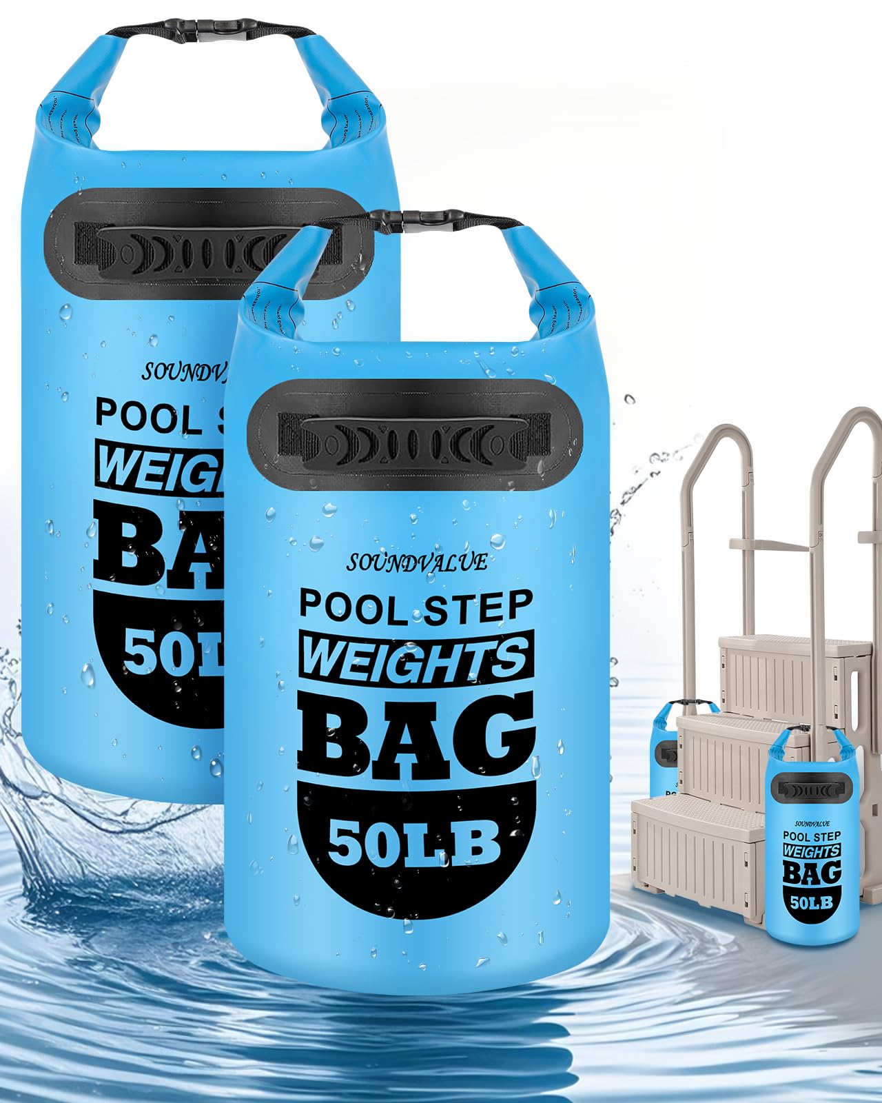 2 Pack 50lb Heavy Duty Pool Ladder Weights, Universal Above Ground Pool Step Sand Bags with Handles, 500D PVC Durable Waterproof & Foldable Sandbags for Swimming Pool Stairs (Sky Blue)