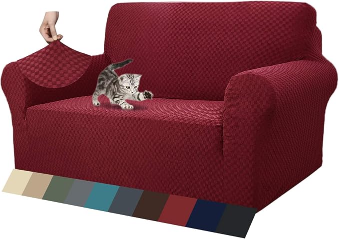 ZNSAYOTX 1 Piece Jacquard Couch Covers for 2 Cushion Couch High Stretch Loveseat Slipcover for Pets Dogs Anti Slip Love Seat Sofa Slipcover Furniture Protector (Loveseat, Wine Red)