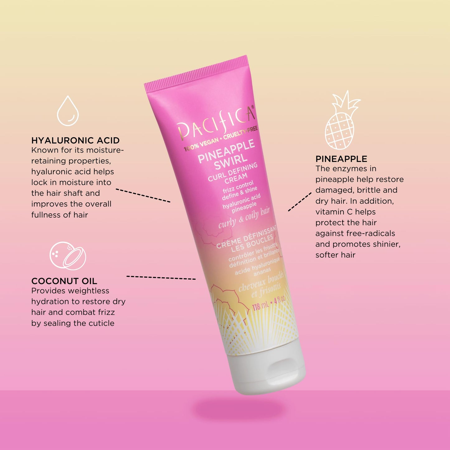 Pacifica Pineapple Swirl Curl Defining Cream – Bounce, Frizz Control & Curl Enhancer Styling Cream for Curly Hair & Wavy Hair – Coconut Oil & Hyaluronic Acid For No-Crunch Hold – Cruelty-Free – 4-oz