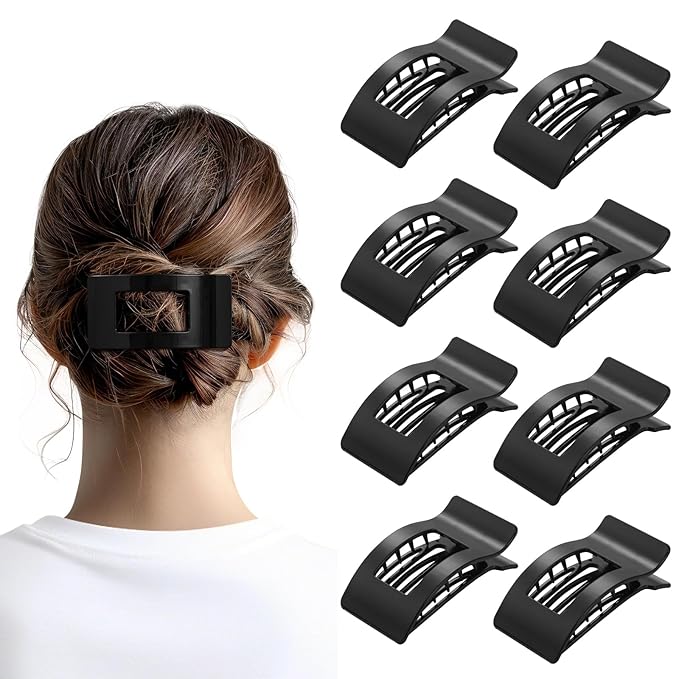 8 Pack French Flat Hair Clips for Women – Large Matte No-Slip Claw Barrettes for Thick & Thin Hair, Strong Hold Styling Accessories (Glossy Black)