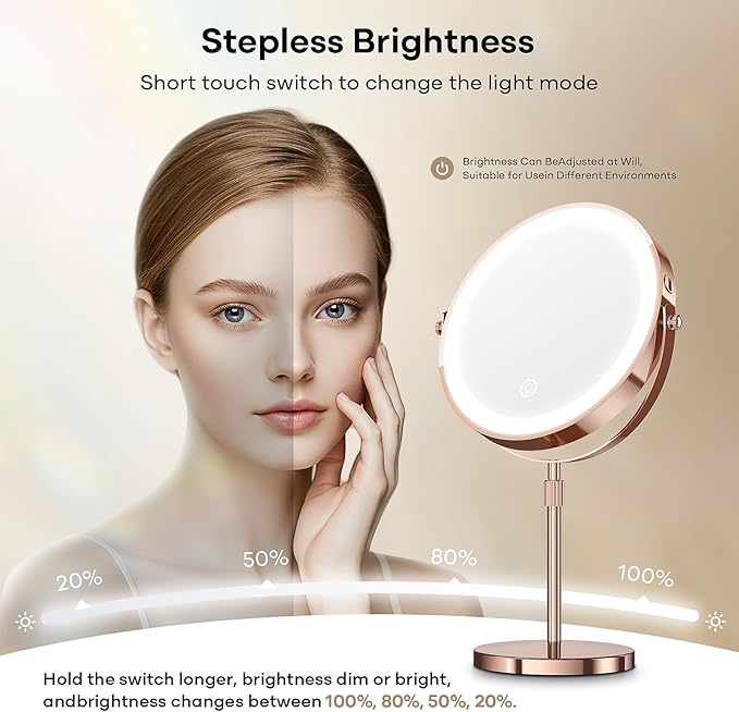 Makeup Mirror with Lights, 1x/20x 360ÃÂ° Rotation Vanity Mirror, Brightness Adjustable Lighted Makeup Mirror with Magnification, 5000 mAh Rechargeable Double Sided Mirror with 3 Colors, Gift for Women