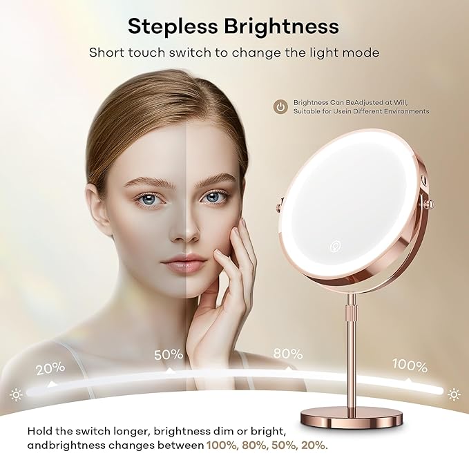 20X Makeup Mirror with Lights, 9" Magnifying Mirror with Light Brightness Adjustable Lighted Makeup Mirror with Magnification, 5000 mAh Rechargeable Double Sided Mirror with 3 Colors, Gift for Women